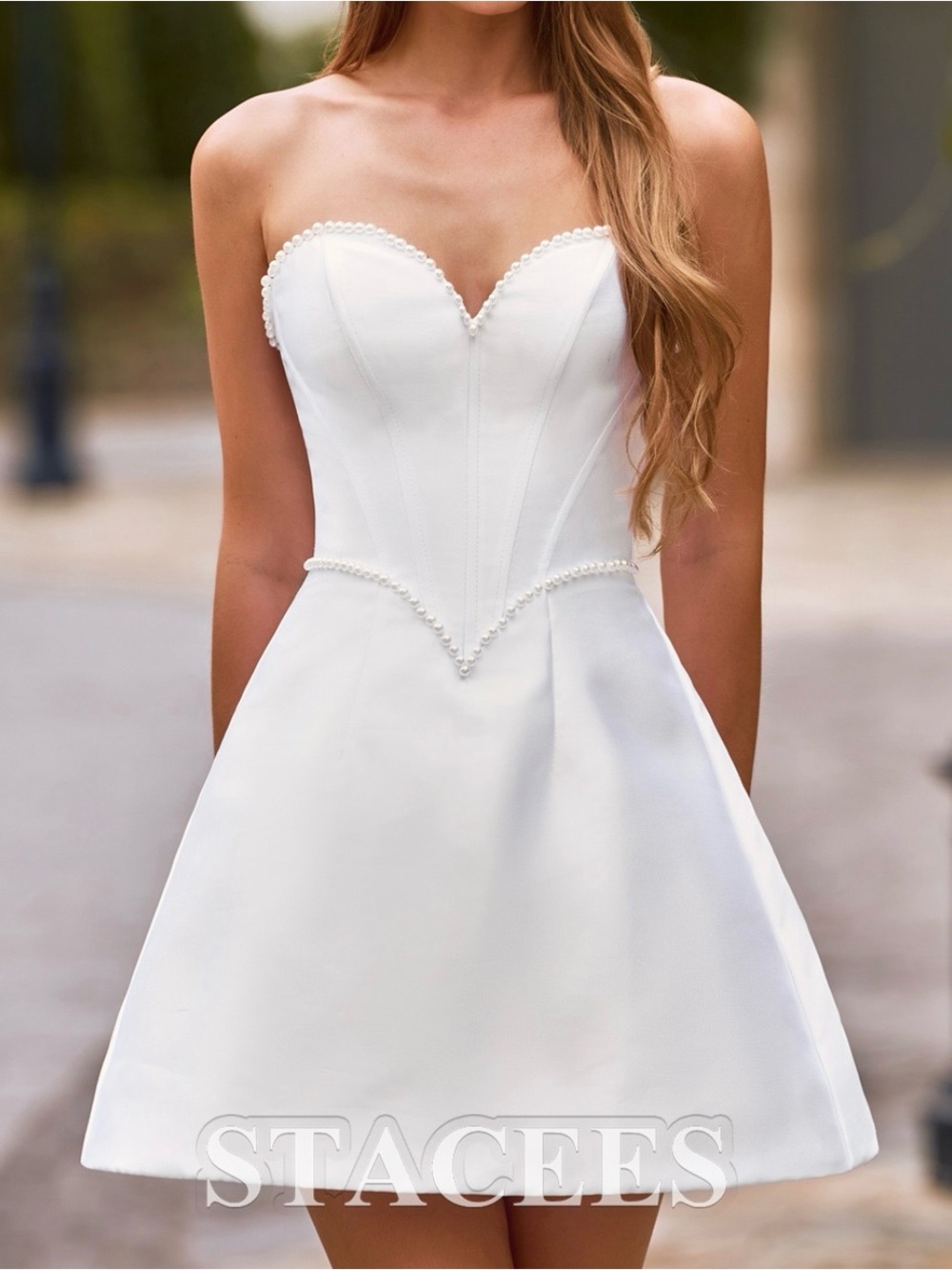 Stacees White Strapless Sweetheart Mini Dress